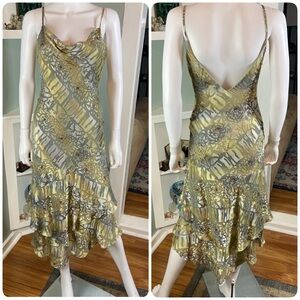 Vintage 90s/Y2K Cache Satin Burnout Silk Blend Floral Backless Asym Slip Dress 6